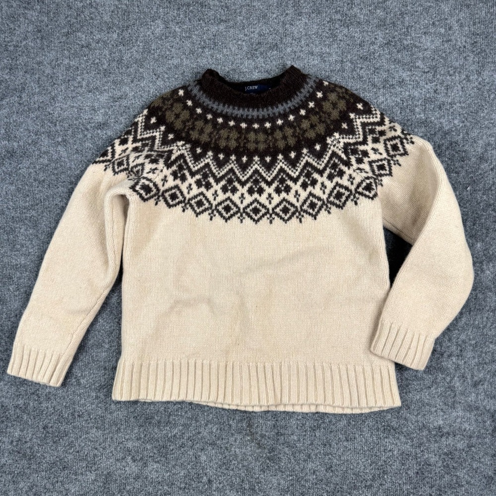 J.Crew Sweater Mens Size L Cream Lambswool Alpaca Fair Isle Knit Pullover Warm